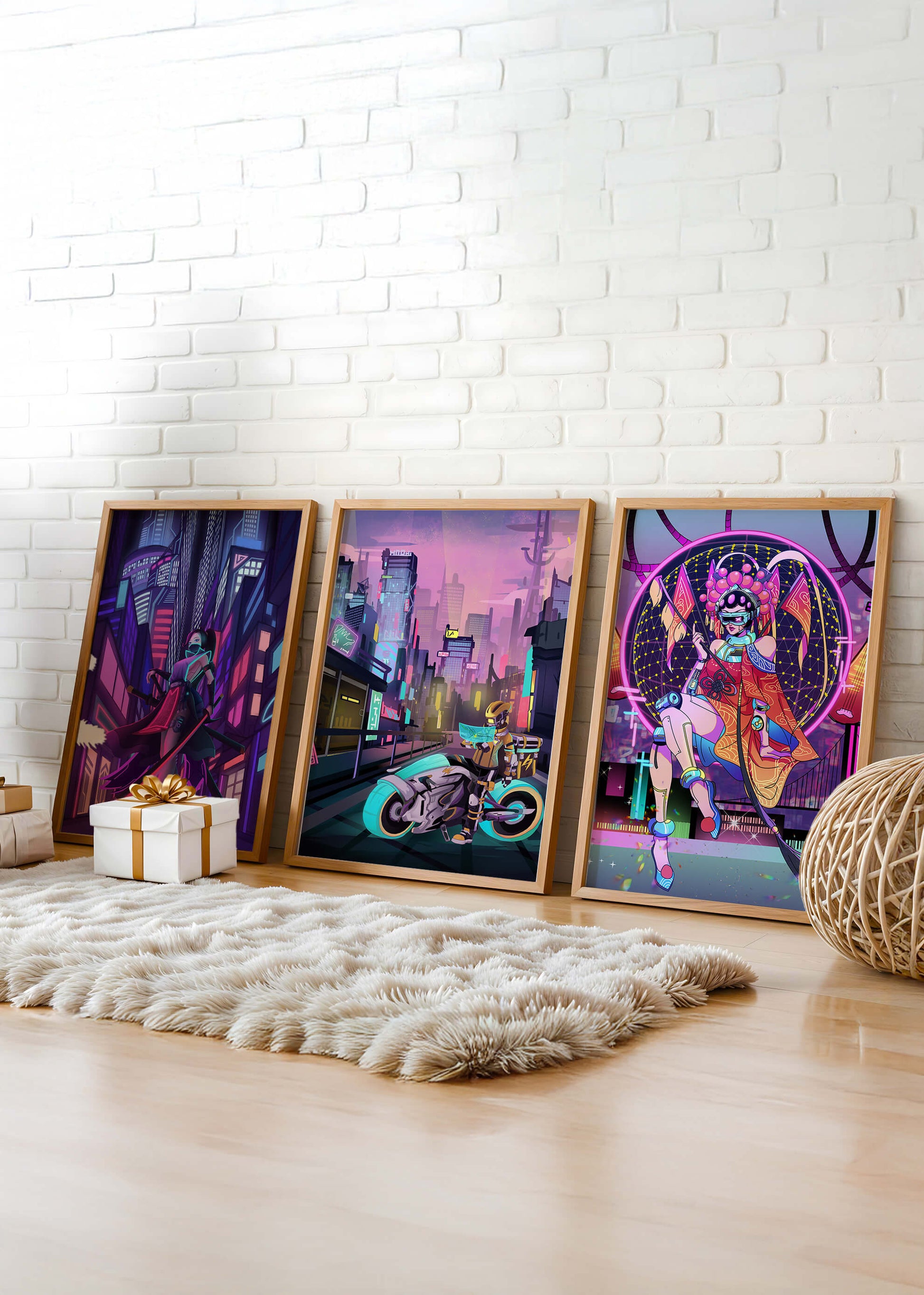 Triptyque de style cyberpunk avec des personnages en art numérique