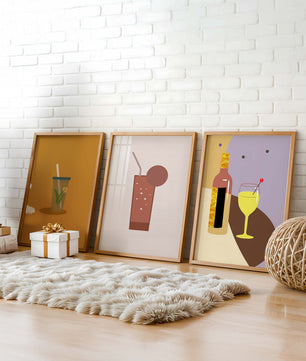Illustrations minimalistes de boissons dans des cadres en bois