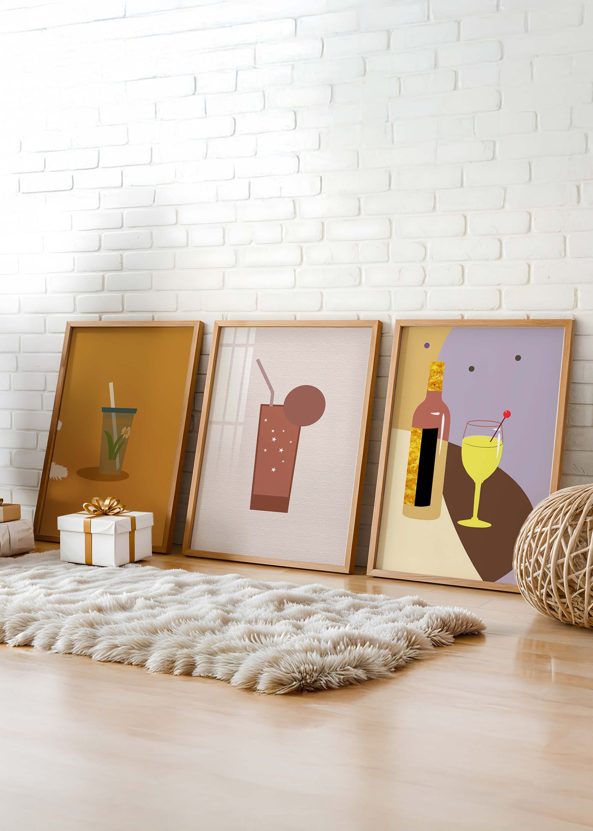 Illustrations minimalistes de boissons dans des cadres en bois