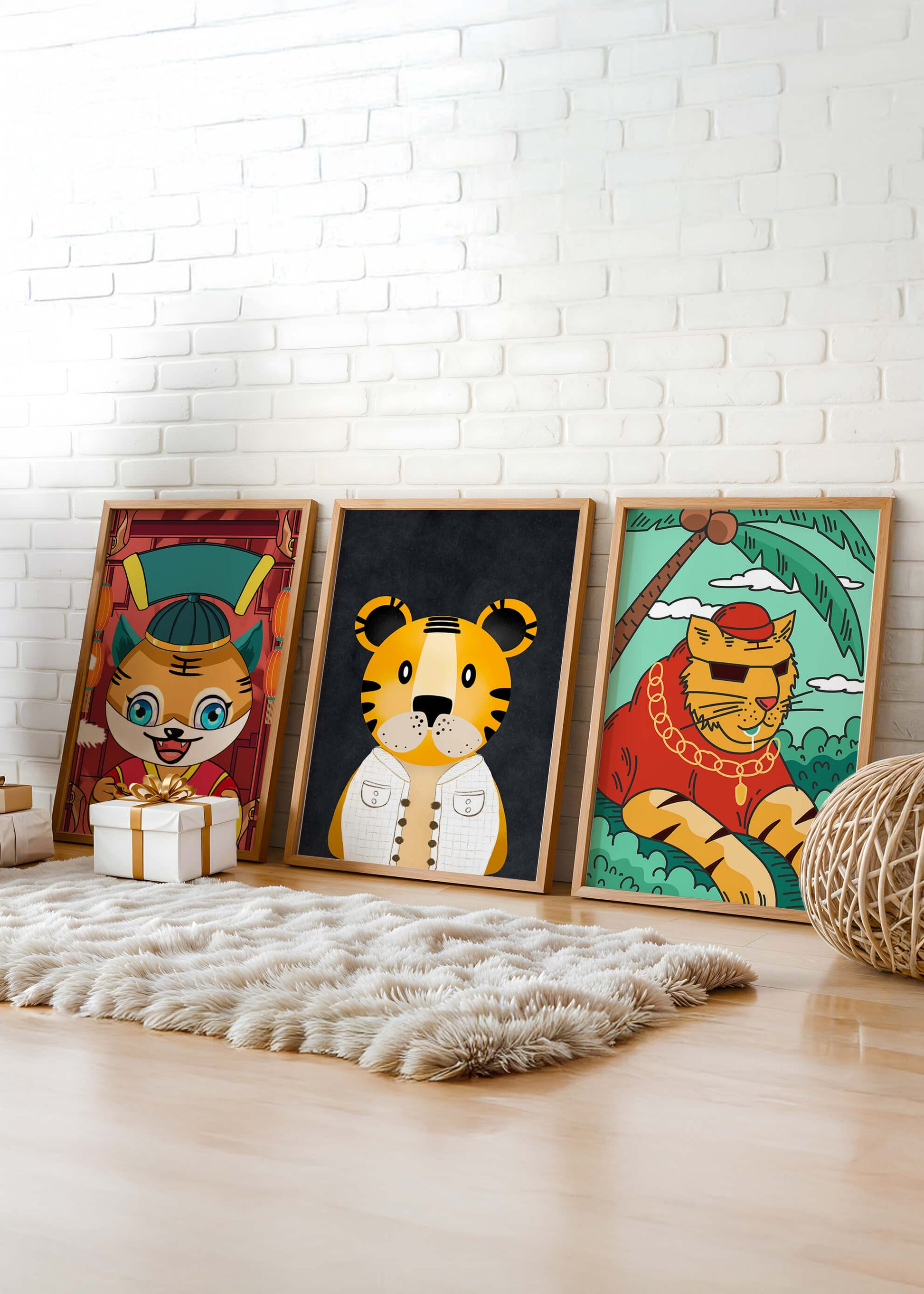 Impressions d’animaux colorés dans des cadres en bois