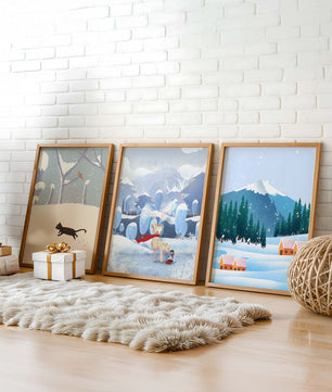 Ensemble d'illustrations hivernales avec des animaux et des paysages