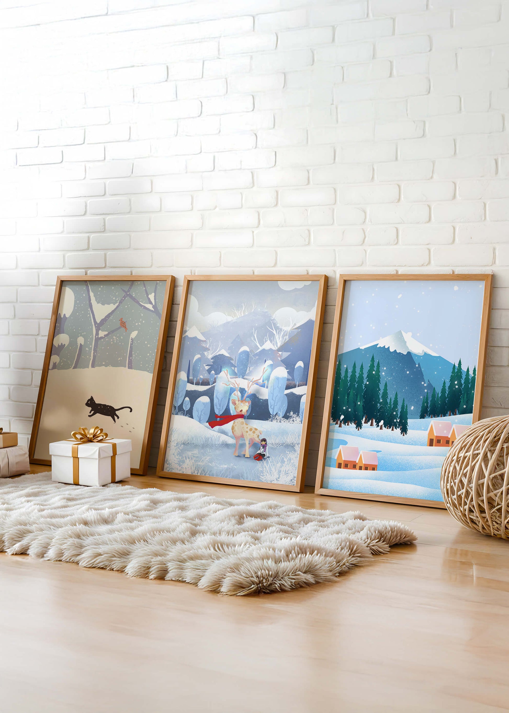 Conjunto de Ilustraciones Invernales con Animales y Paisajes