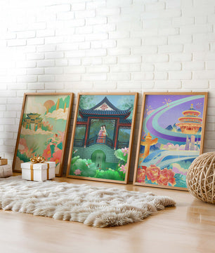 Asiatische Illustrationen mit floralen und architektonischen Elementen