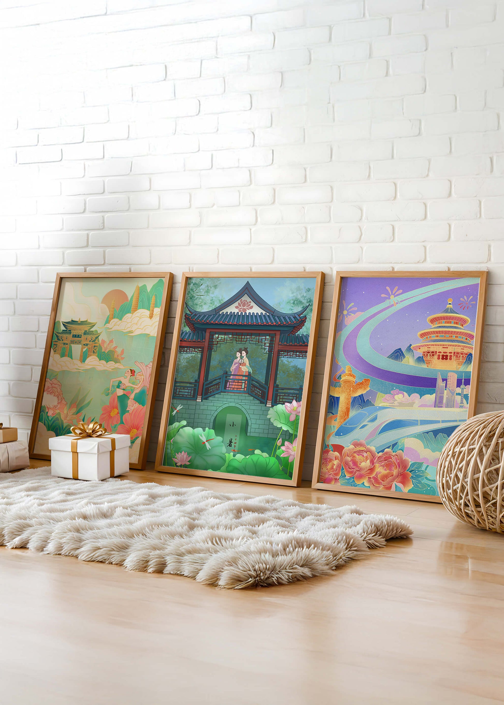 Asiatische Illustrationen mit floralen und architektonischen Elementen