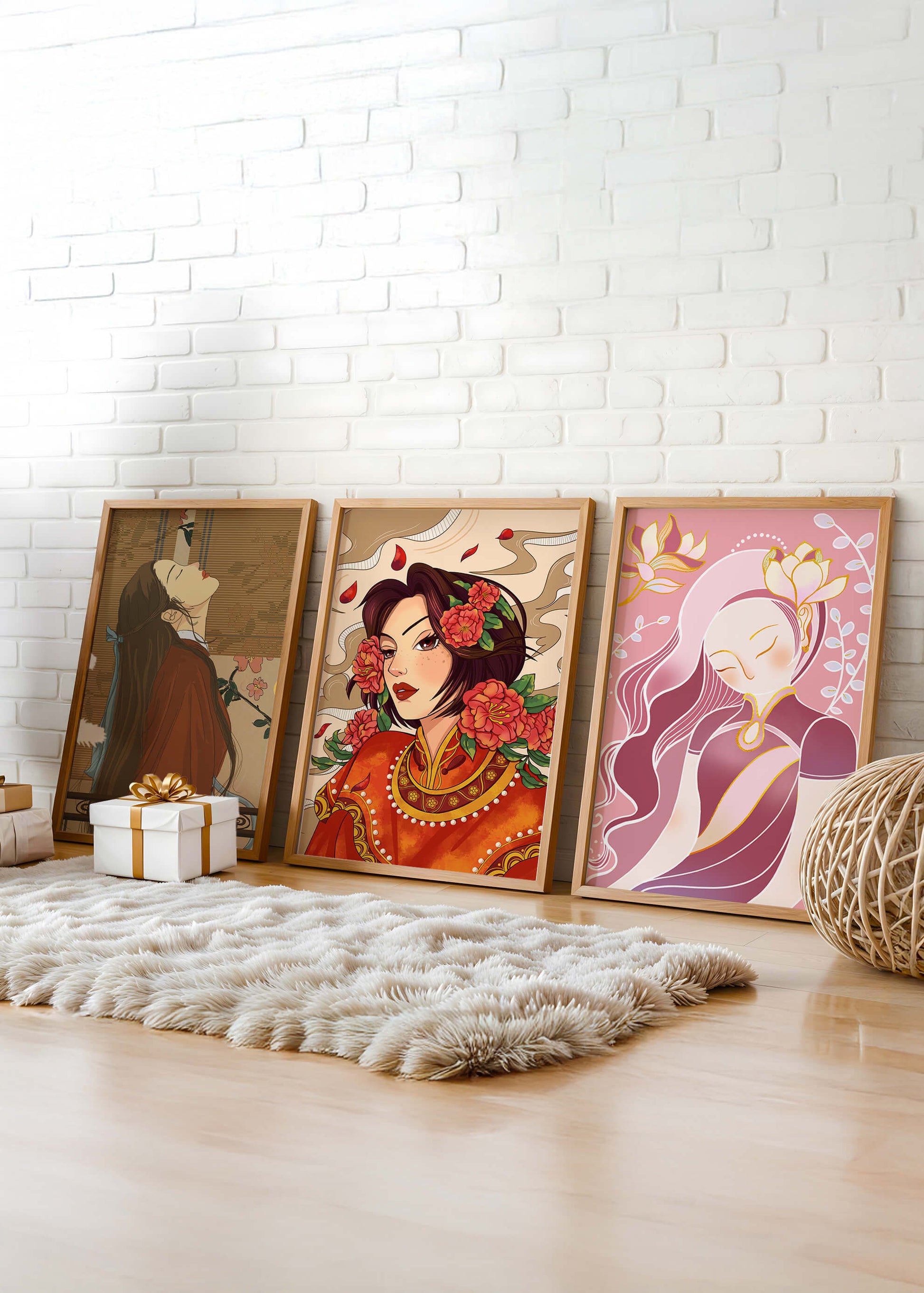 Conjunto de Ilustraciones de Estilo Asiático Presentadas Sin Marco en Fondo Claro