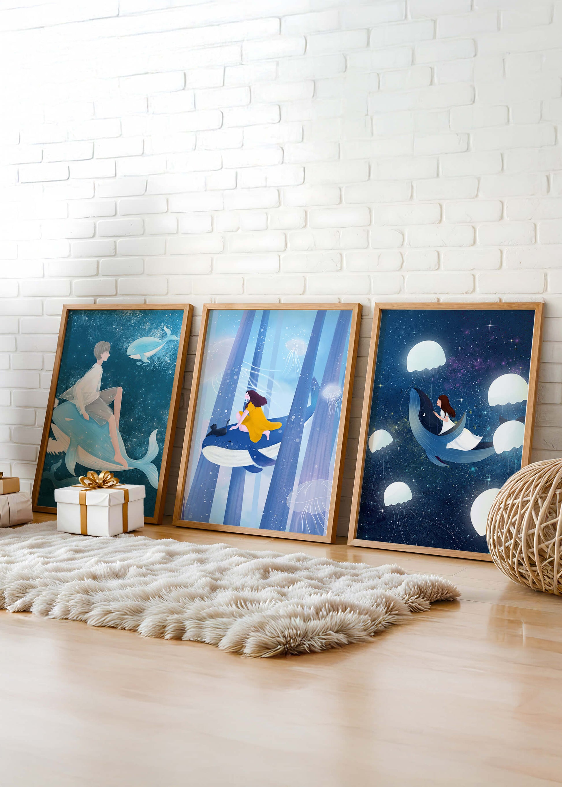 Ensemble d'illustrations de baleines volantes et de figures humaines dans un environnement cosmique