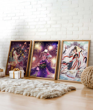 Triptyque d’art anime avec estampes de personnages en kimono