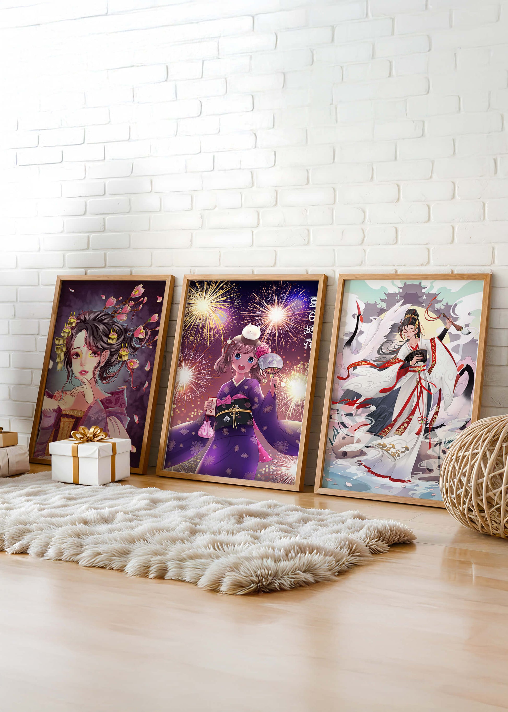 Tríptico de Arte Anime con Estampas de Personajes en Kimono