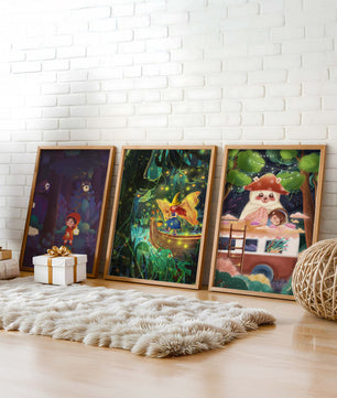 Triptyque d’illustrations fantastiques pour décoration enfantine