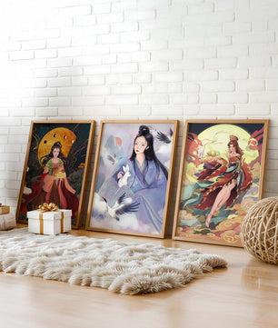Triptyque d'art asiatique de style anime exposé sur un mur