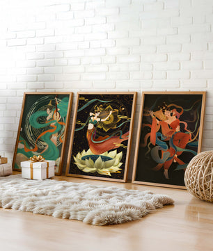 Ensemble d’affiches de style asiatique avec motifs floraux et dorés