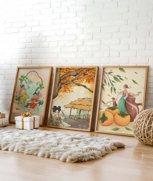 Set asiatischer Kunst auf Leinwänden ohne Rahmen mit natürlichen Motiven