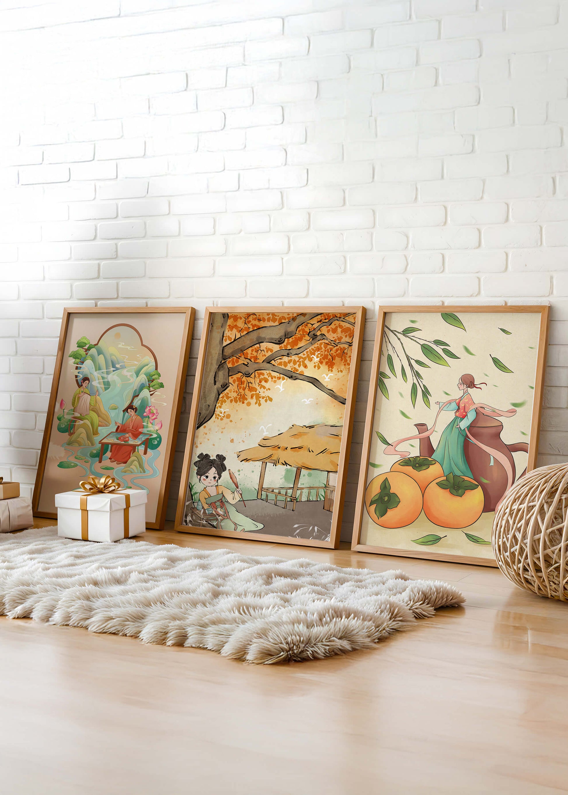 Set asiatischer Kunst auf Leinwänden ohne Rahmen mit natürlichen Motiven