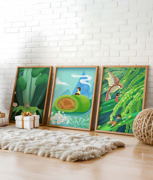 Mur Avec Trois Impressions Artistiques De Paysages Naturels Oniriques