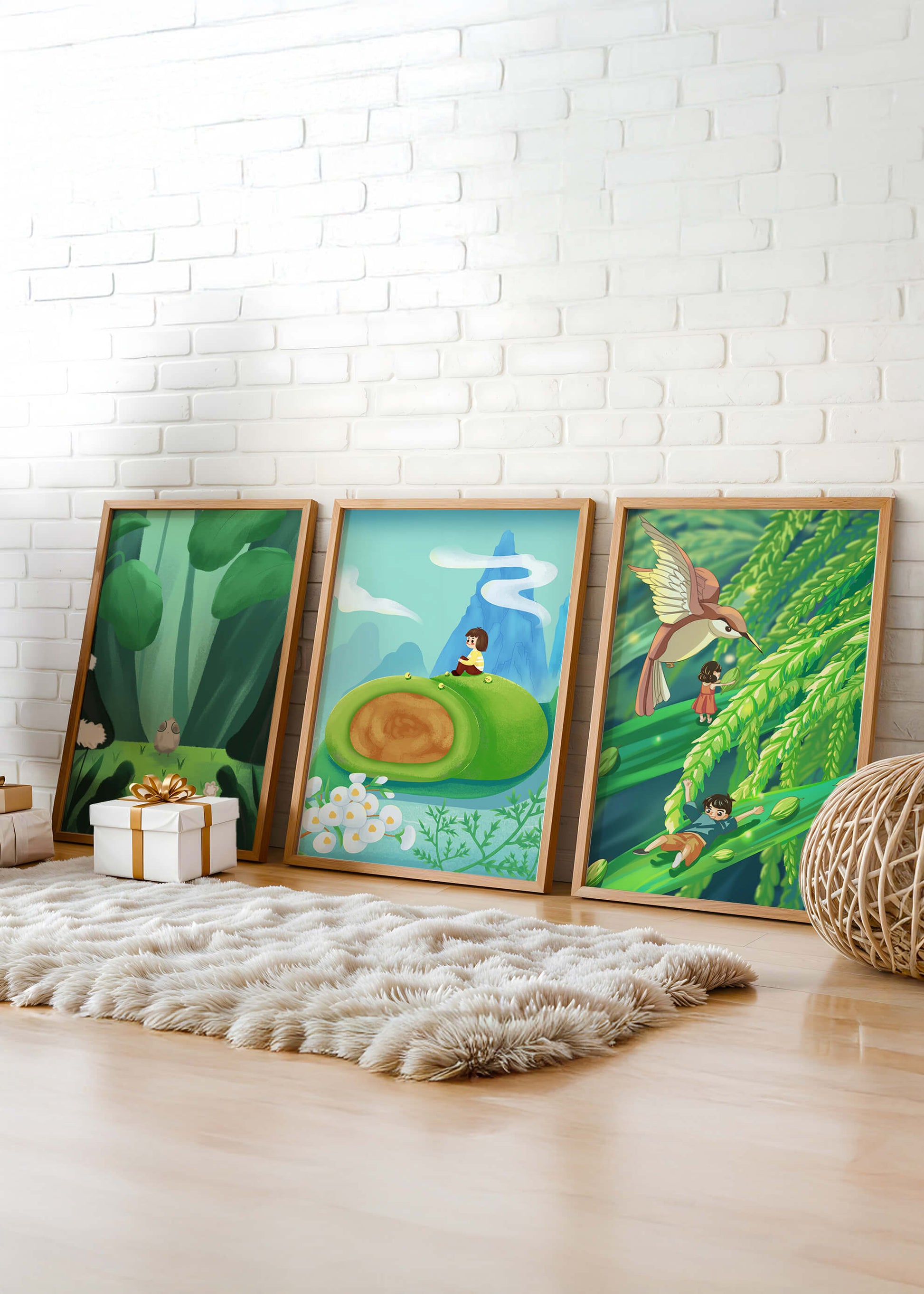 Pared Con Tres Impresiones Artísticas De Paisajes Naturales Oníricos