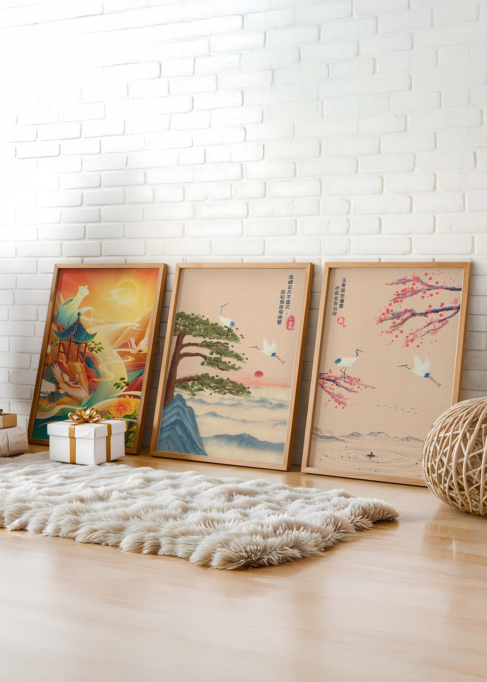 Images de paysages orientaux avec des grues et des dragons