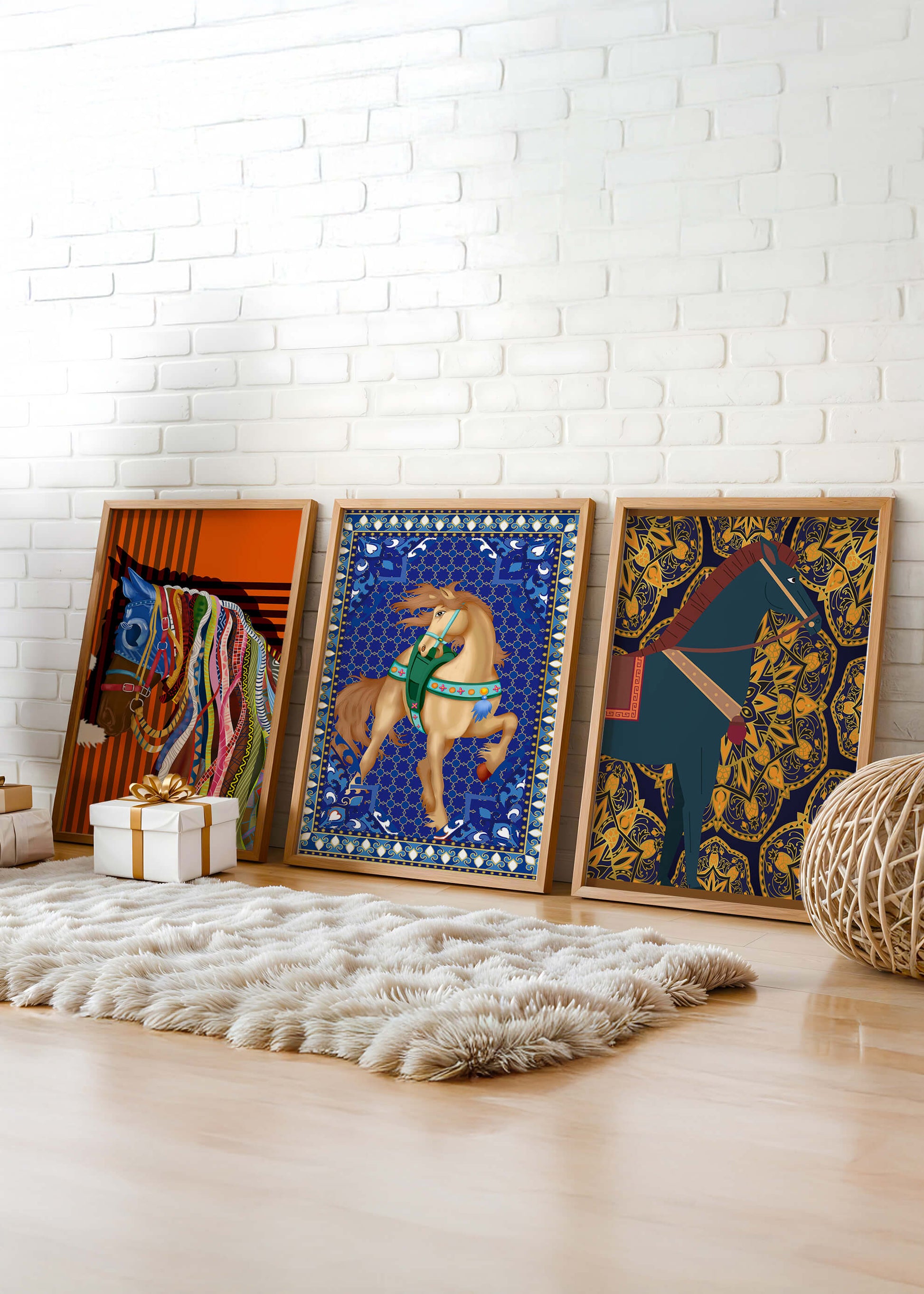 Mur avec trois tableaux de chevaux aux motifs colorés sans cadre