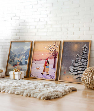 Dreier-Set mit Winterillustrationen in warmen und kalten Tönen