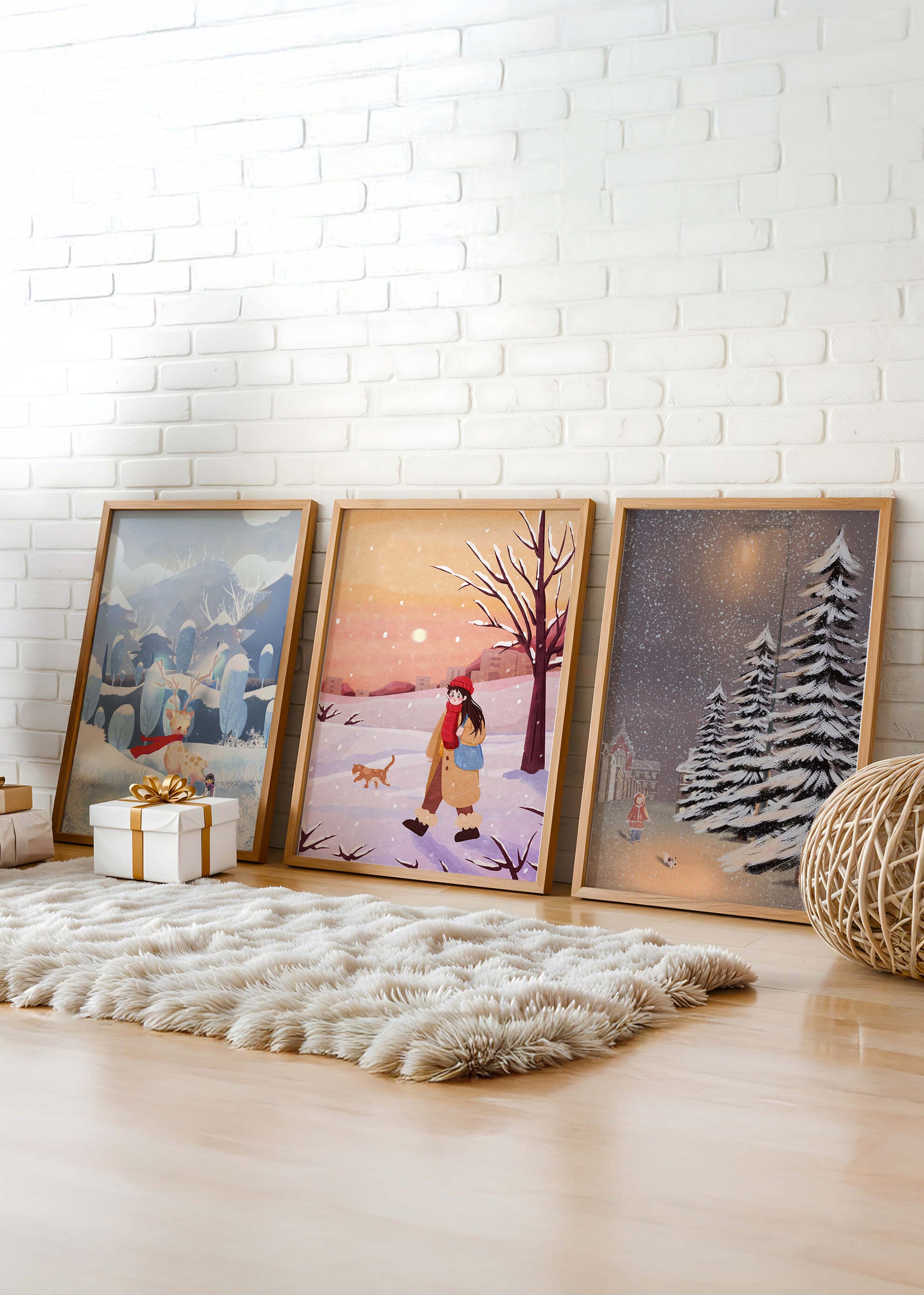 Conjunto de Tres Ilustraciones de Invierno en Tonos Cálidos y Fríos