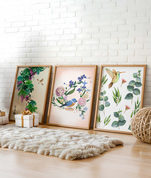 Ensemble de trois œuvres d'art avec des motifs naturels et des oiseaux