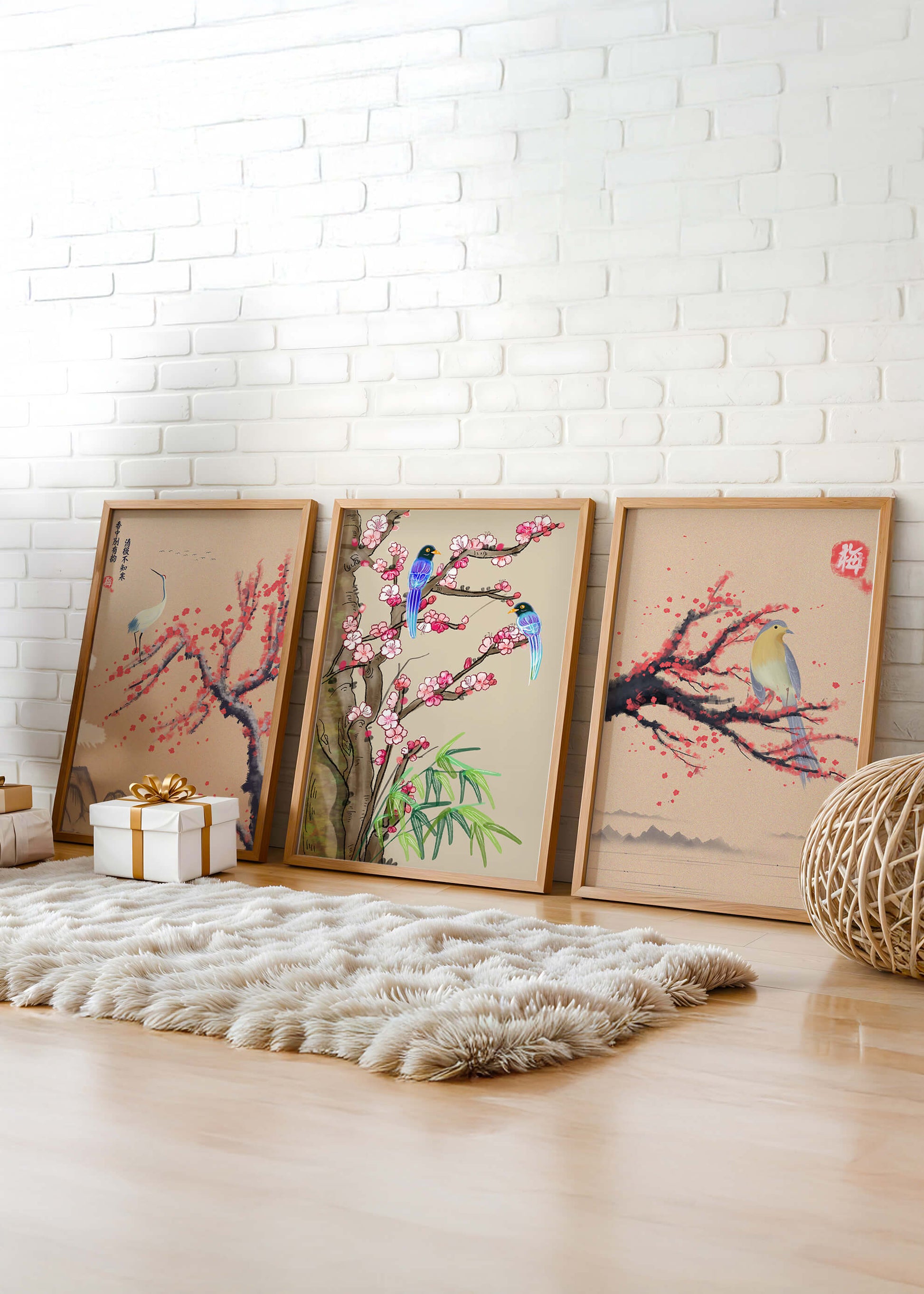Decoración Oriental con Pájaros y Flores