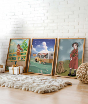 Conjunto de cuadros ilustrativos sin marco en ambiente moderno