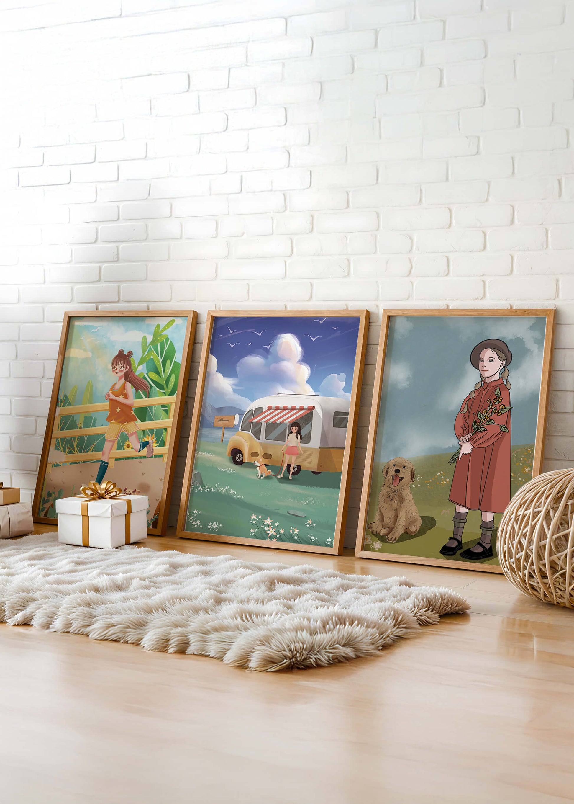 Conjunto de cuadros ilustrativos sin marco en ambiente moderno