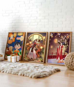 Art décoratif de style asiatique avec des lanternes et des personnages en vêtements traditionnels