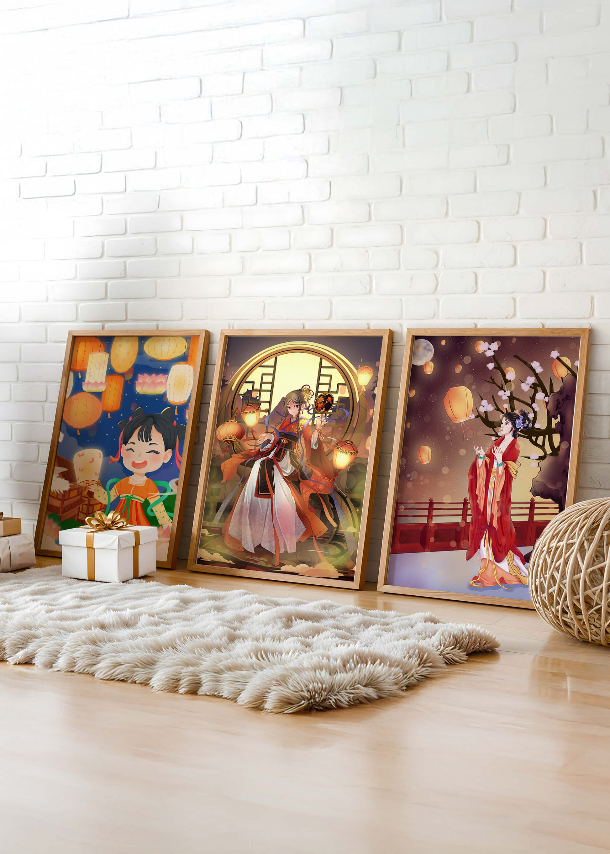 Art décoratif de style asiatique avec des lanternes et des personnages en vêtements traditionnels