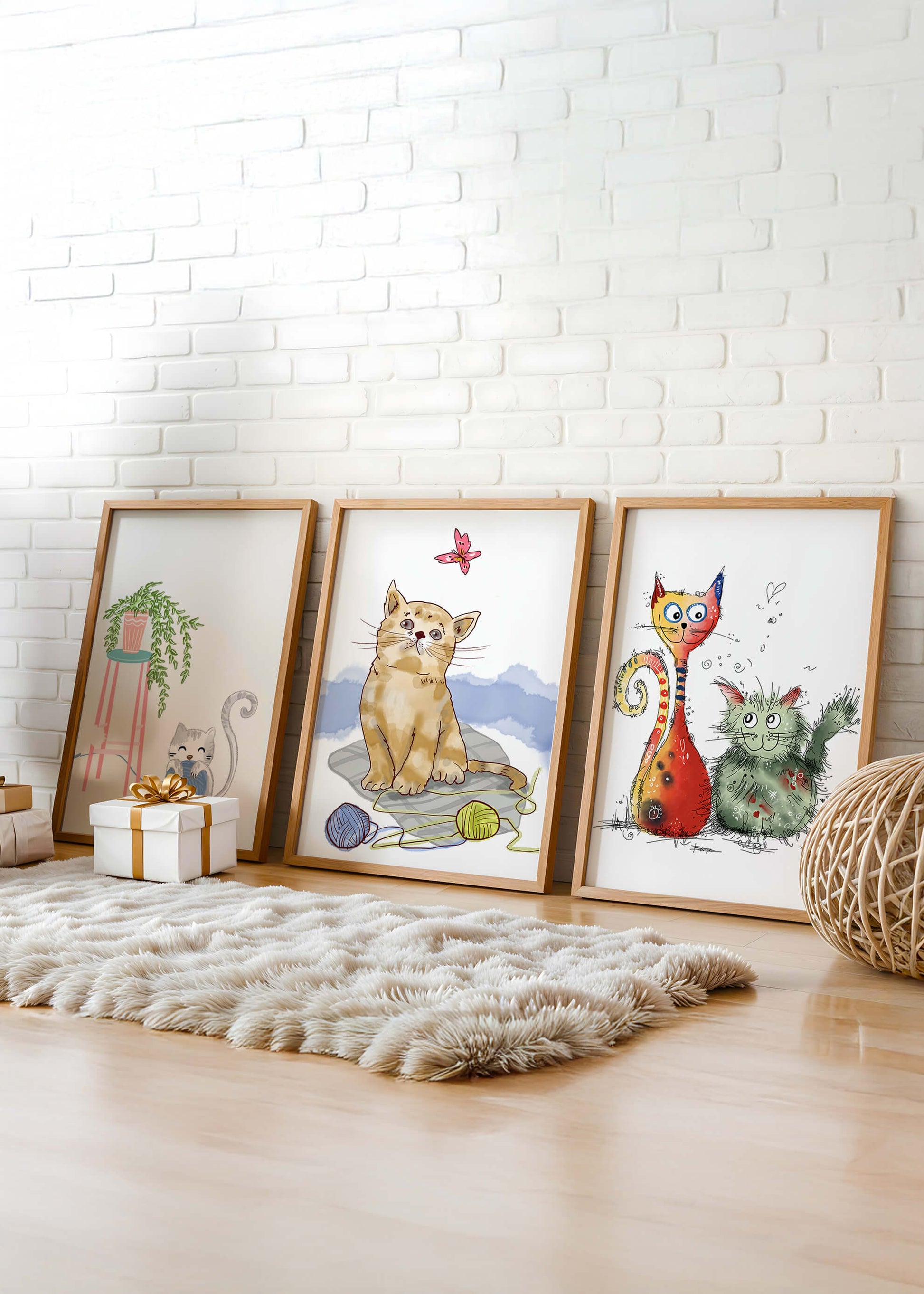 Art illustré de chats dans des cadres en bois