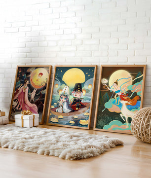 Peintures fantastiques avec lune pleine et personnages mythologiques