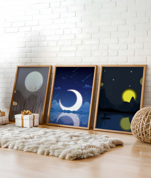 Paysages nocturnes avec lune et étoiles dans des cadres