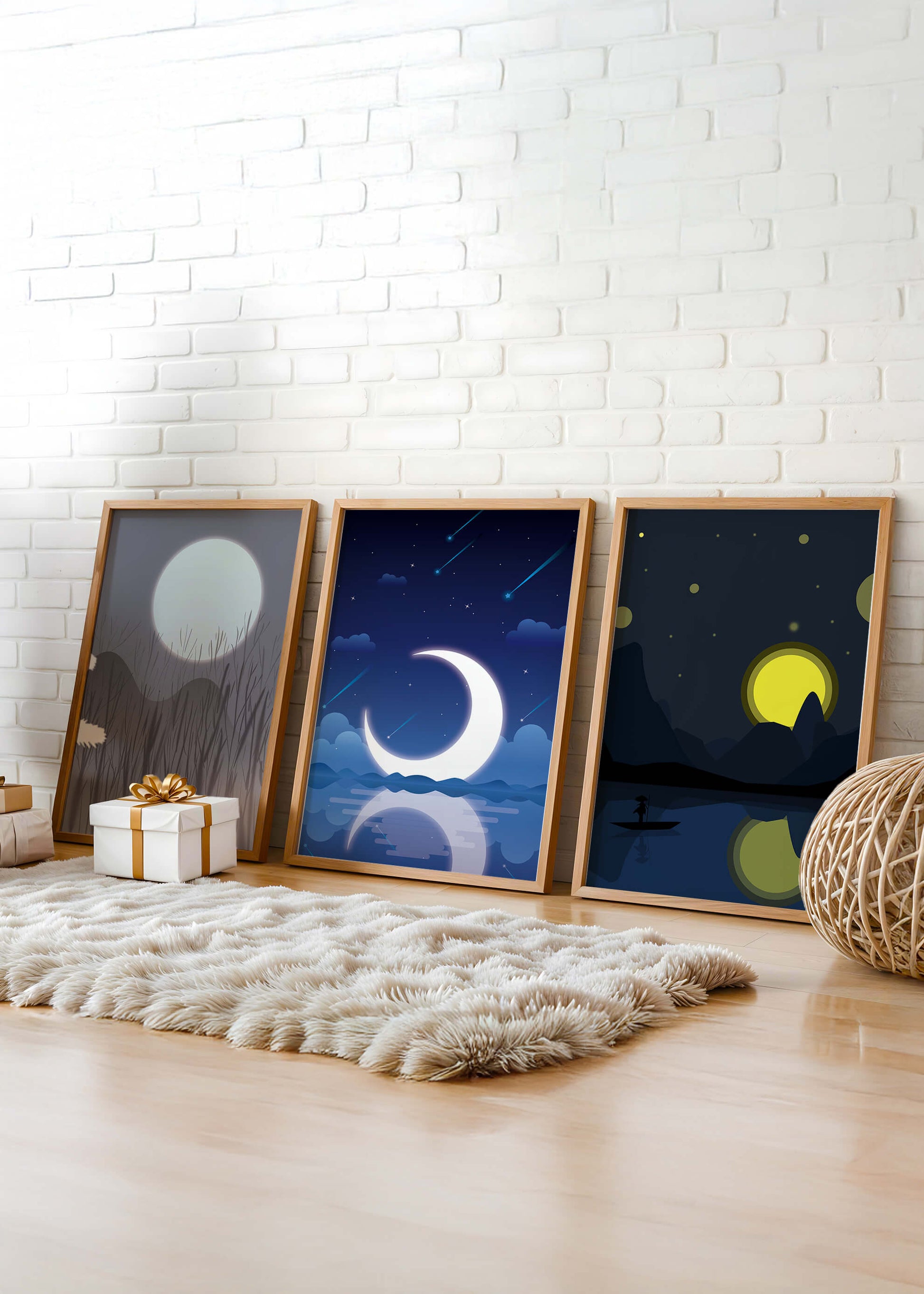 Paysages nocturnes avec lune et étoiles dans des cadres