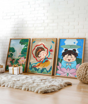 Ensemble d’illustrations de personnages adorables et de motifs floraux dans des tons vibrants