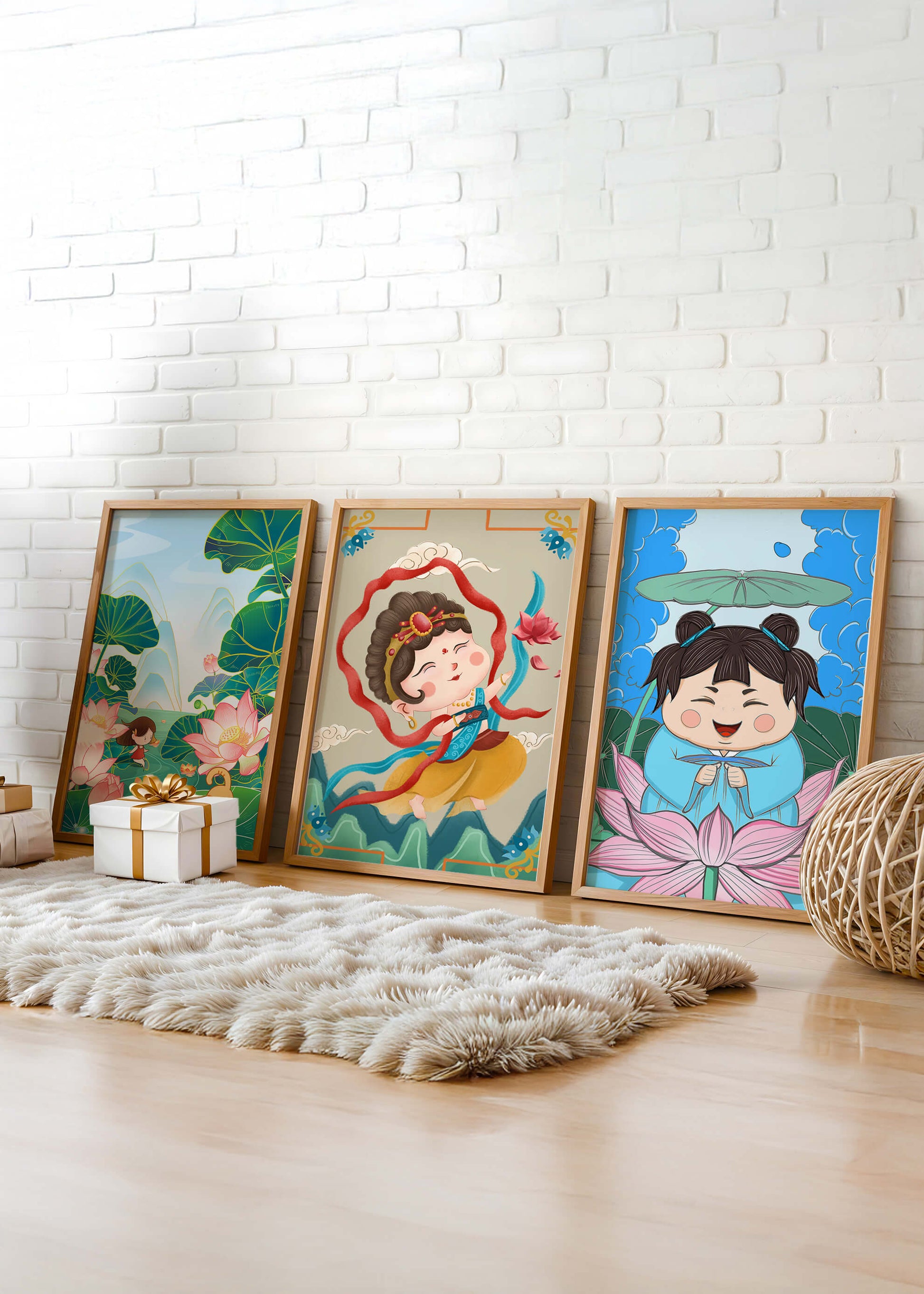 Ensemble d’illustrations de personnages adorables et de motifs floraux dans des tons vibrants