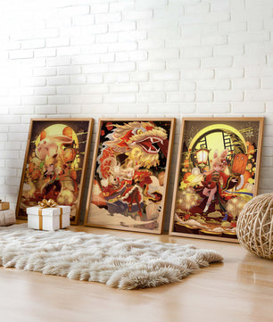 Ensemble d’illustrations sur le thème des dragons et des animaux aux couleurs chaudes