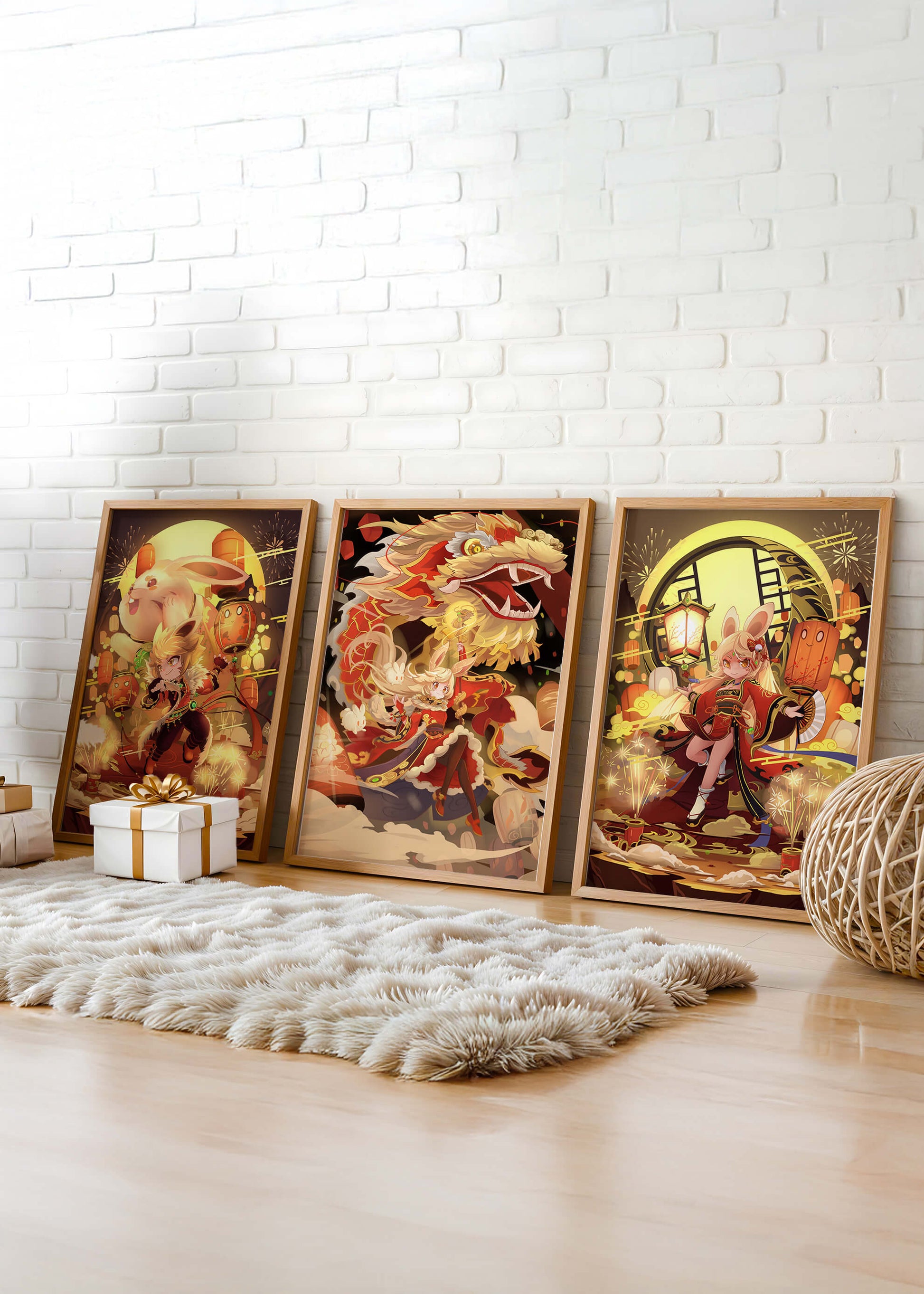 Ensemble d’illustrations sur le thème des dragons et des animaux aux couleurs chaudes