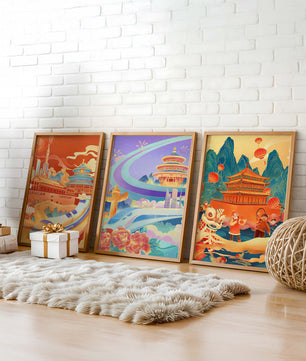 Affiches d’architecture asiatique avec trains et danses traditionnelles