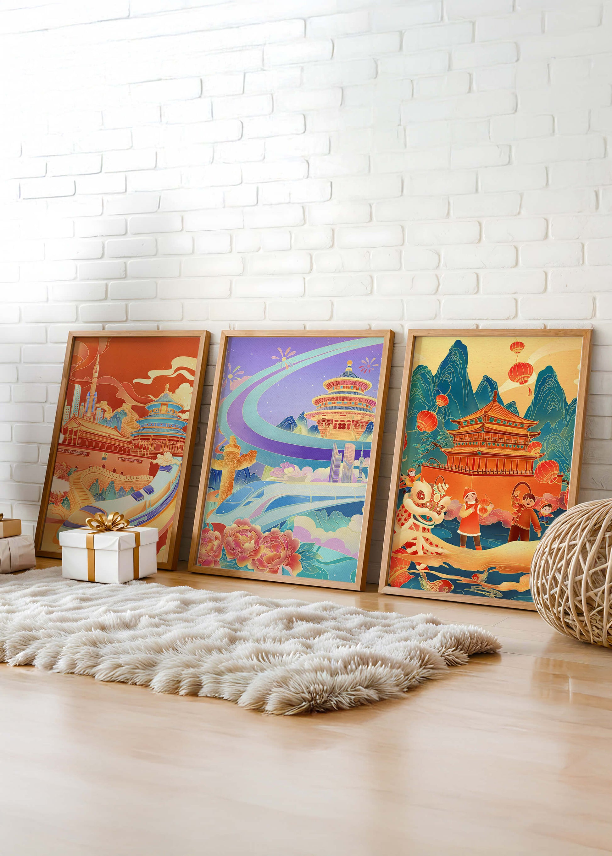 Posters de Arquitectura Asiática con Trenes y Danzas Tradicionales