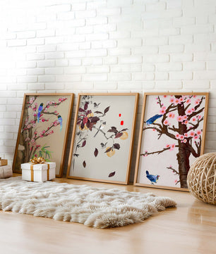 Dreier-Set mit Vogel- und Blumenmotiven im asiatischen Stil