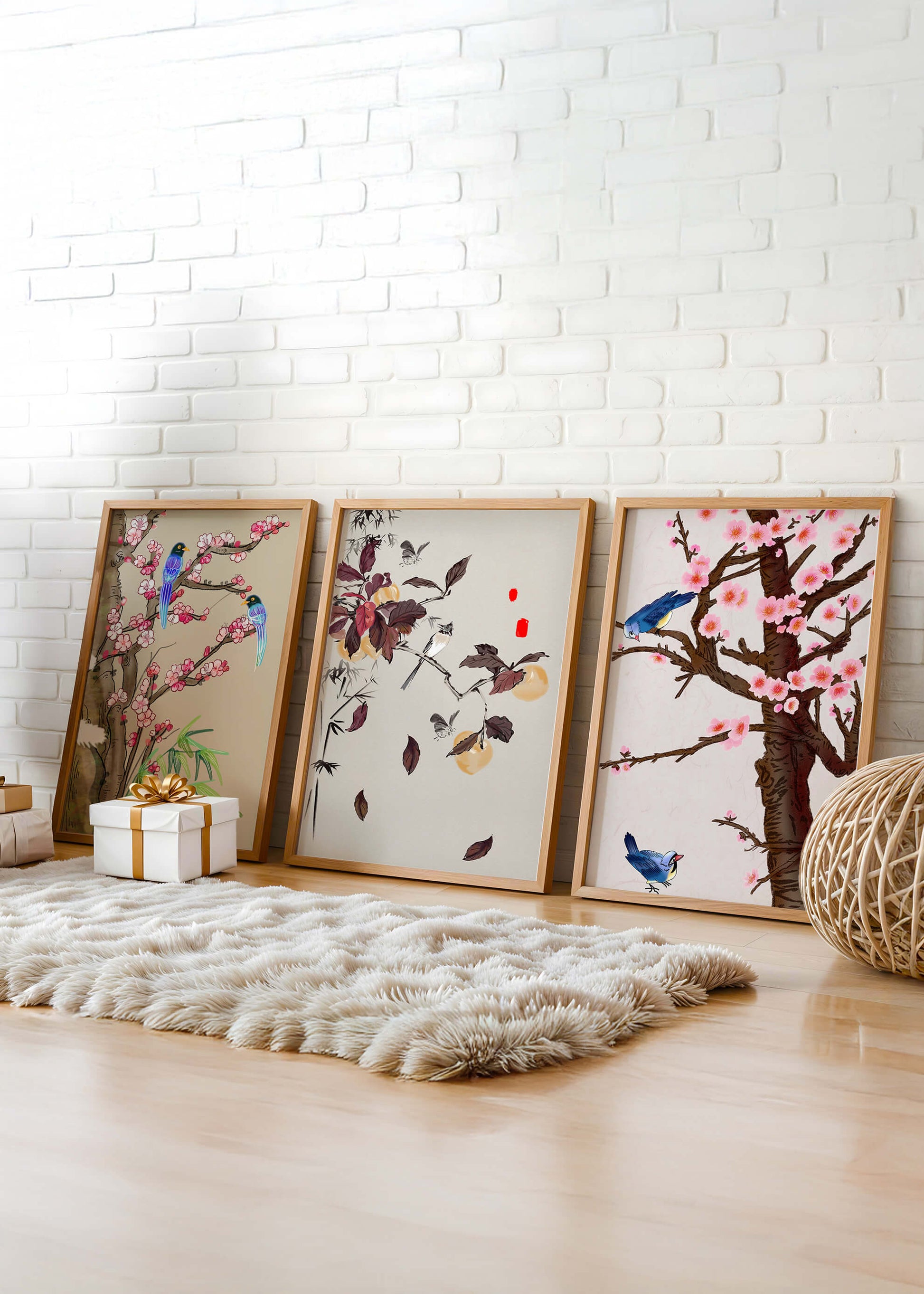 Dreier-Set mit Vogel- und Blumenmotiven im asiatischen Stil