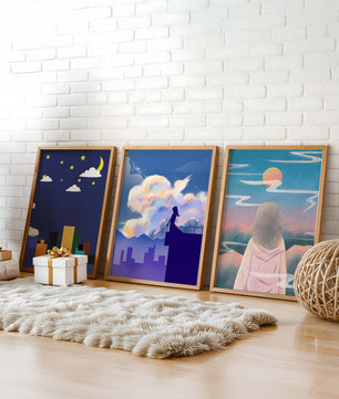 Ensemble de trois tableaux modernes avec des paysages imaginaires