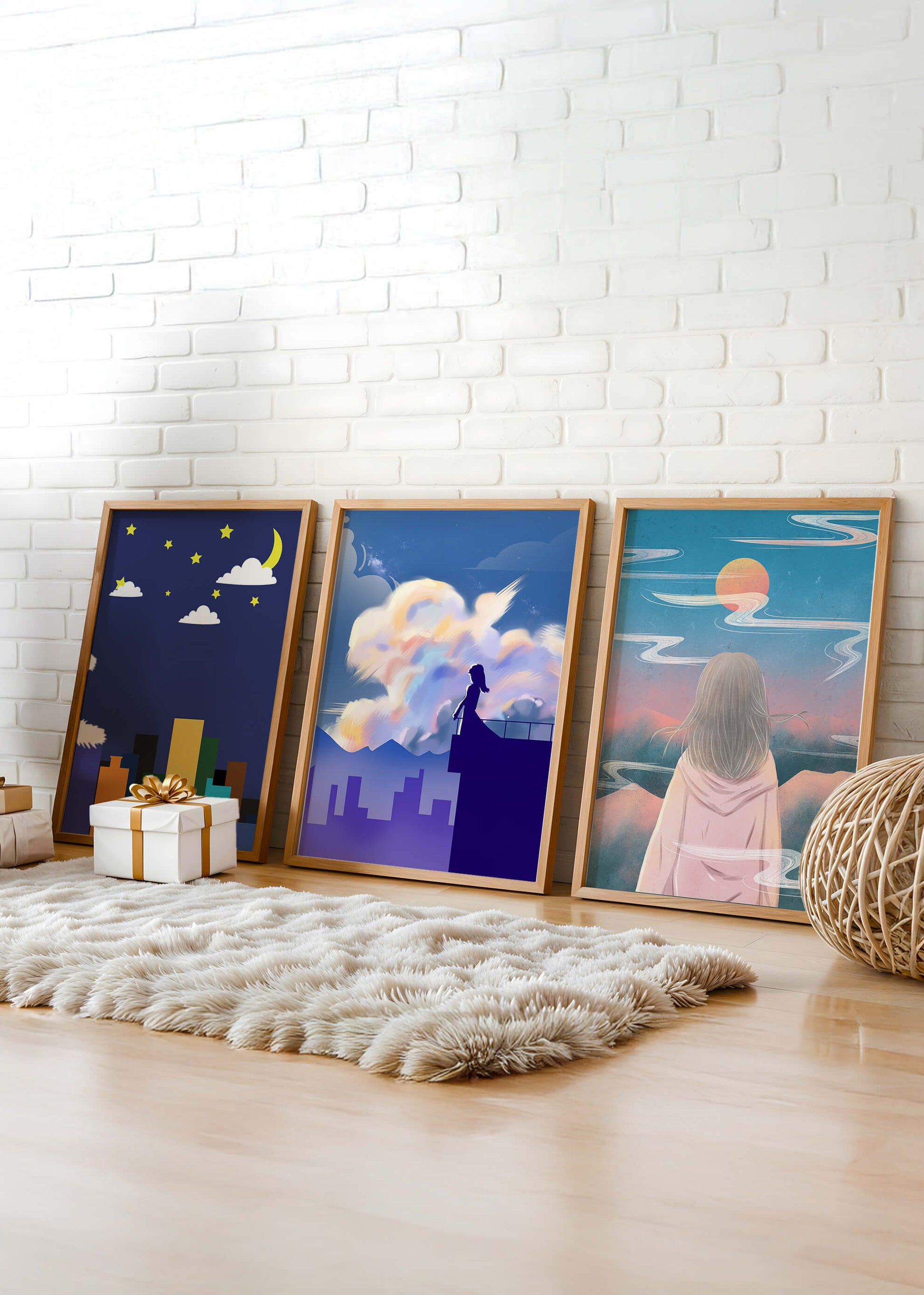 Ensemble de trois tableaux modernes avec des paysages imaginaires