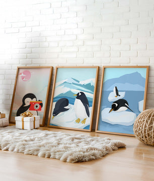 Affiche de pingouins sur plancher en bois