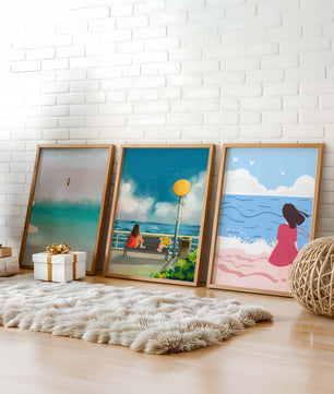 Tableaux minimalistes de plage et de mer avec personnages