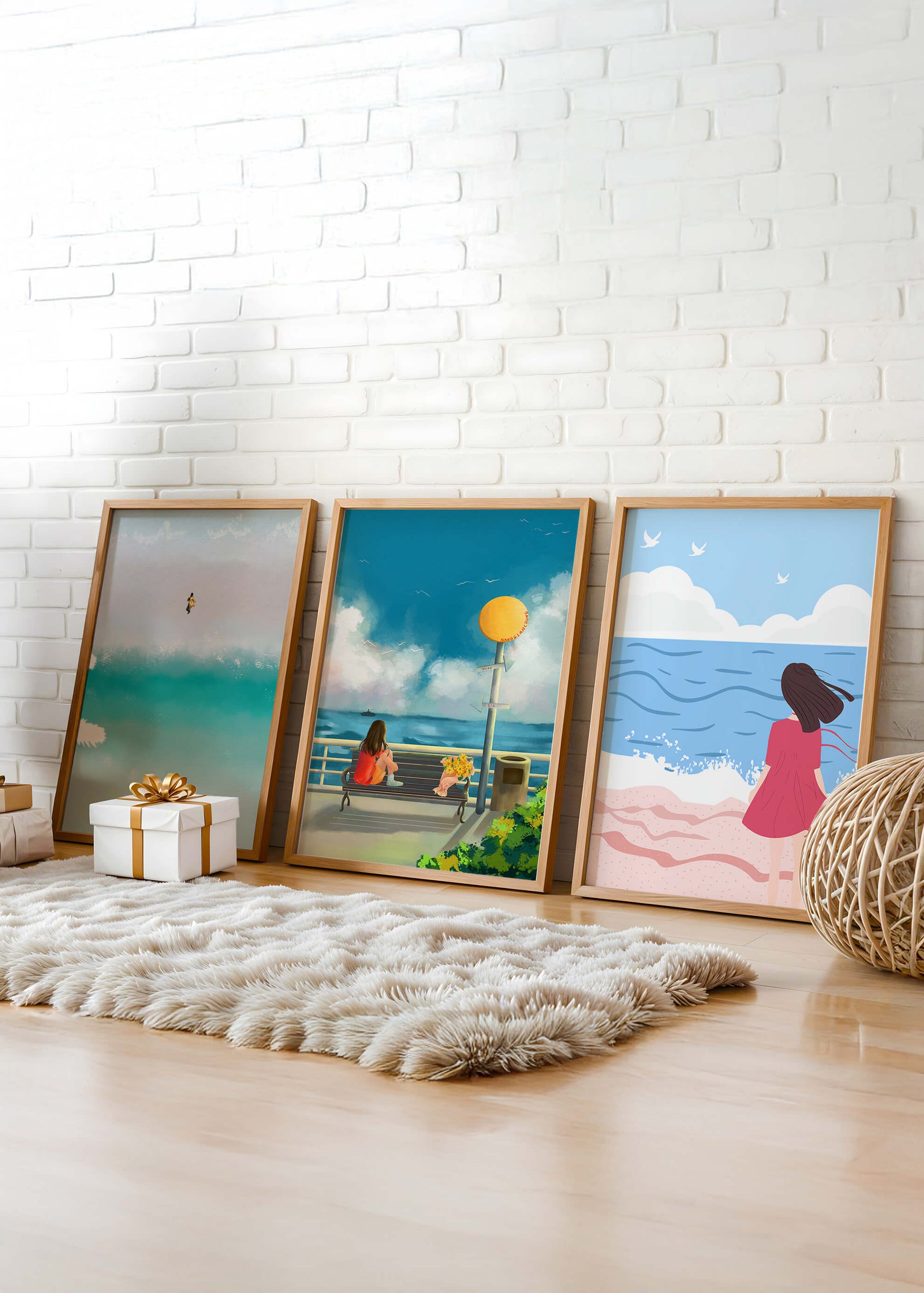 Cuadros Minimalistas de Playa y Mar con Personajes