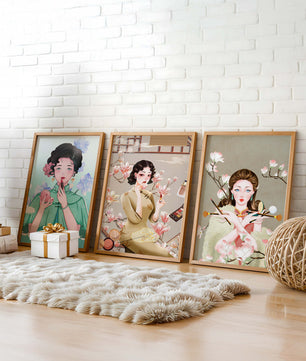 Conjunto De Impresiones Artísticas De Mujeres Estilo Retro Con Elementos Dorados
