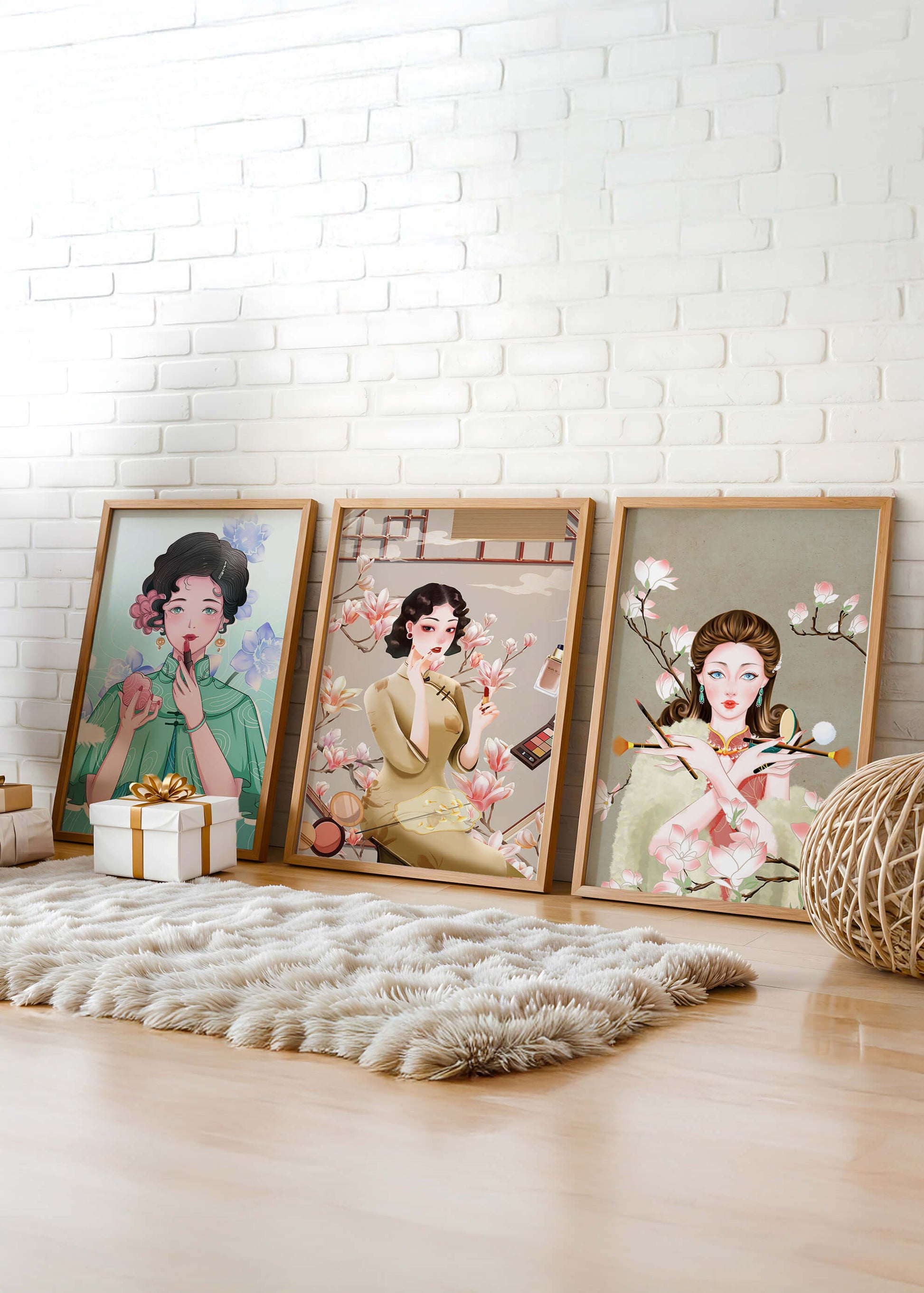 Conjunto De Impresiones Artísticas De Mujeres Estilo Retro Con Elementos Dorados