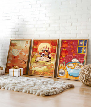 Illustrationen orientalischer Medien mit Festtagsmotiven und Kaninchen