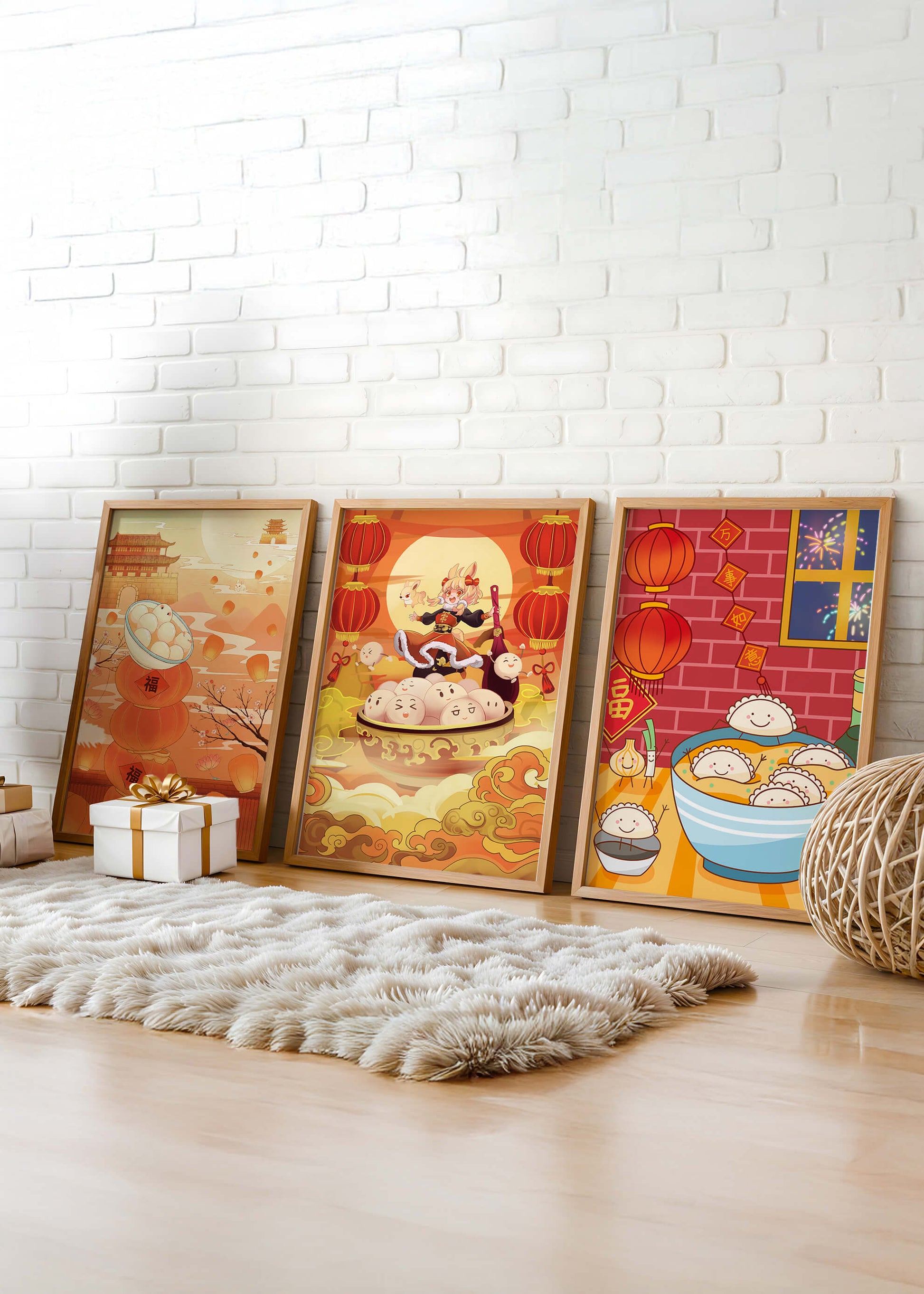 Illustrationen orientalischer Medien mit Festtagsmotiven und Kaninchen